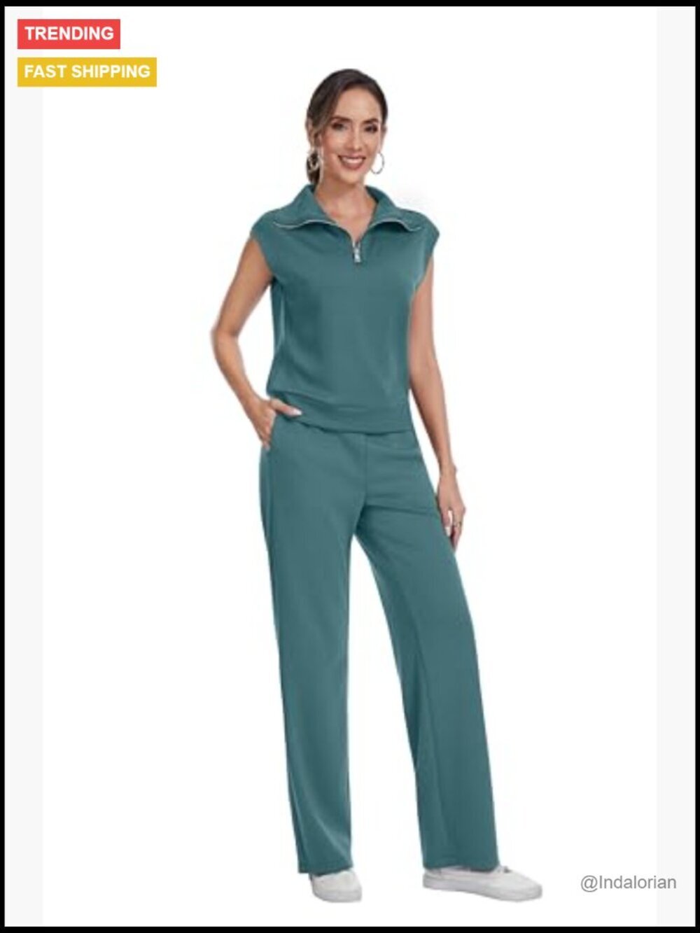 Half Zip Sleeveless Sweatshirt and Drawstring Sweatpant Lounge Set - Picture 3 of 6